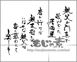 Japanese calligraphy "親父が門真で営んでいた居酒屋　店に行けば親大将と呼ぶいなせな親父は皆に慕われて楽しそ" [21761]